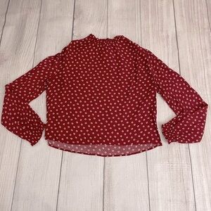 ELODIE Women’s Red Floral High Neck Ruffle Collar Long Sleeve Blouse Size Med